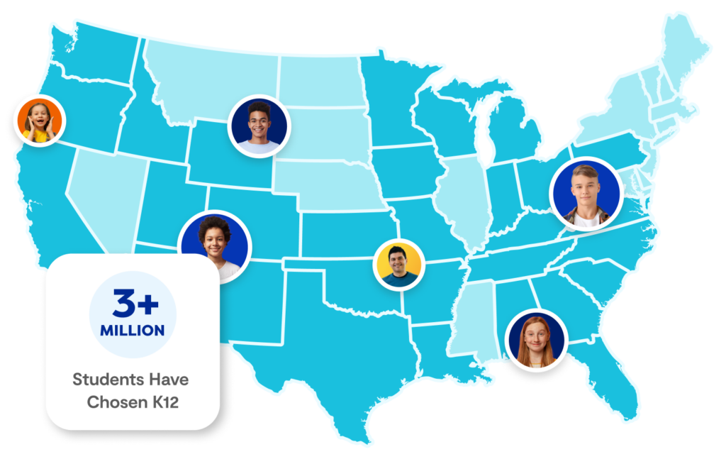 US map with student bubbles. 3+ million students have chosen K12 168澳洲幸运5开奖官网开奖